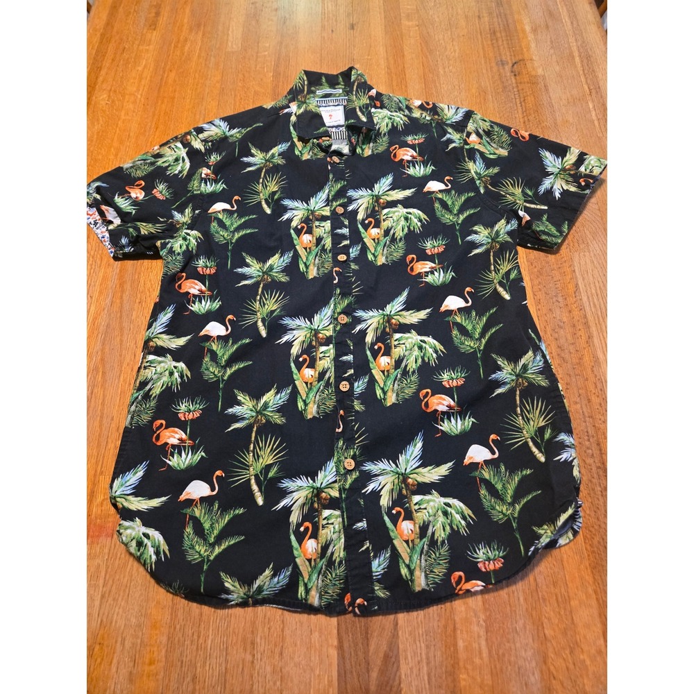 Denim & Flower Ricky Singh Men Small Black Flamingo Tropical Palm‎ Button Up